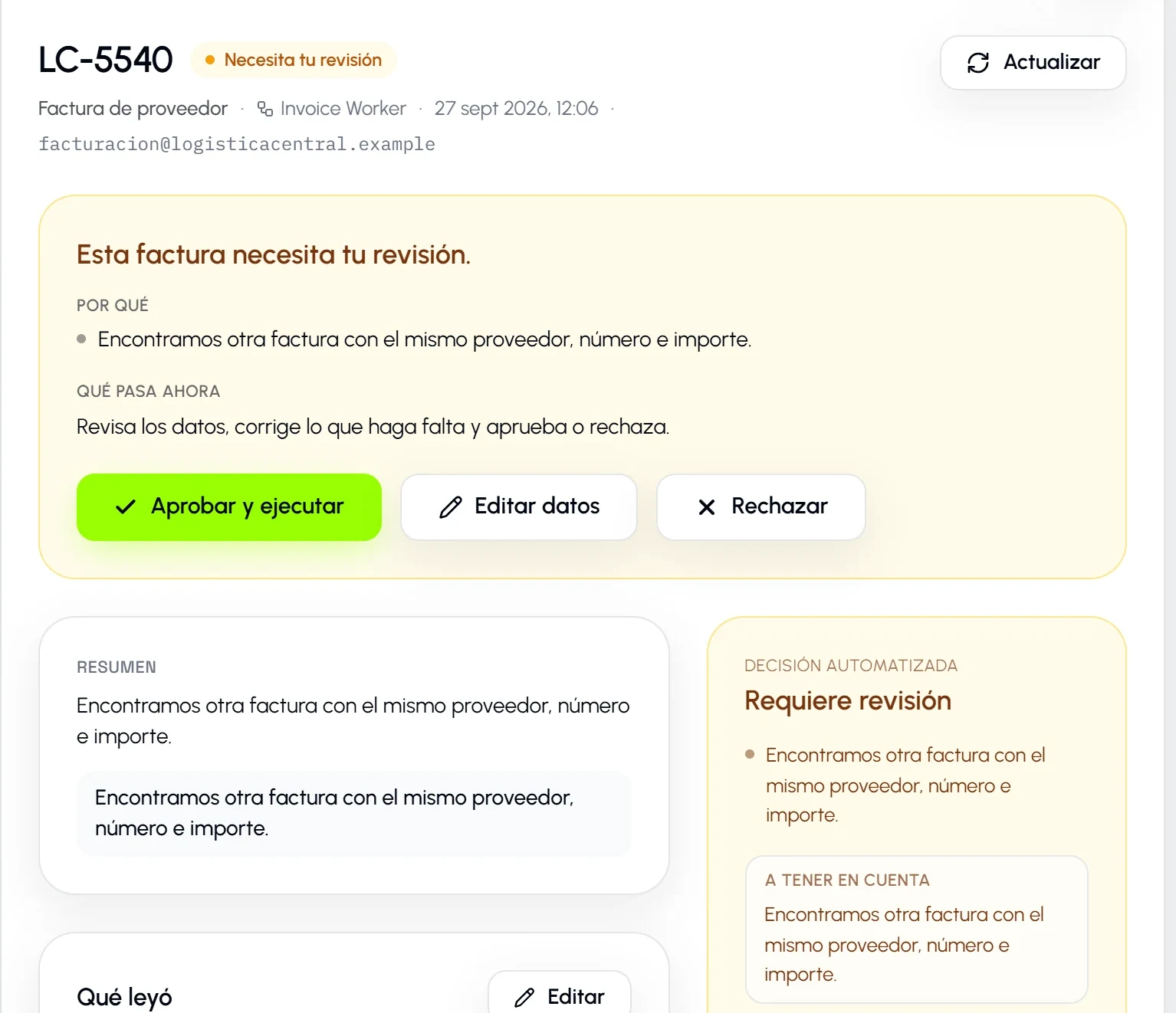 Review in Sullivam: invoice LC-5540 from a logistics vendor was held because another one has the same vendor, number and amount; the reason is shown with the actions to approve and execute, edit the data or reject.